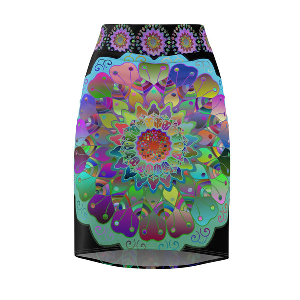 All Over Prints - Women's Pencil Skirt with Hand - Drawn Mandala Design - Light Purple, Azure & Iridescent Shades - Blululi All Over Prints - Blululi