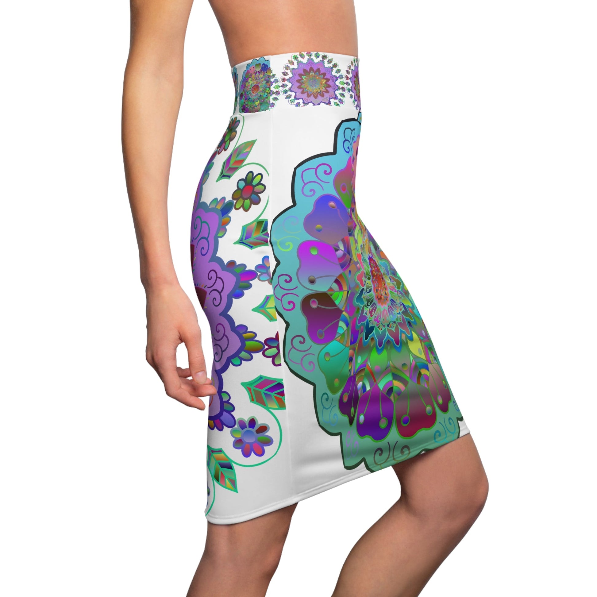 All Over Prints - Women's Pencil Skirt with Hand - Drawn Mandala Design - Light Purple, Azure & Iridescent Shades - Blululi All Over Prints - Blululi