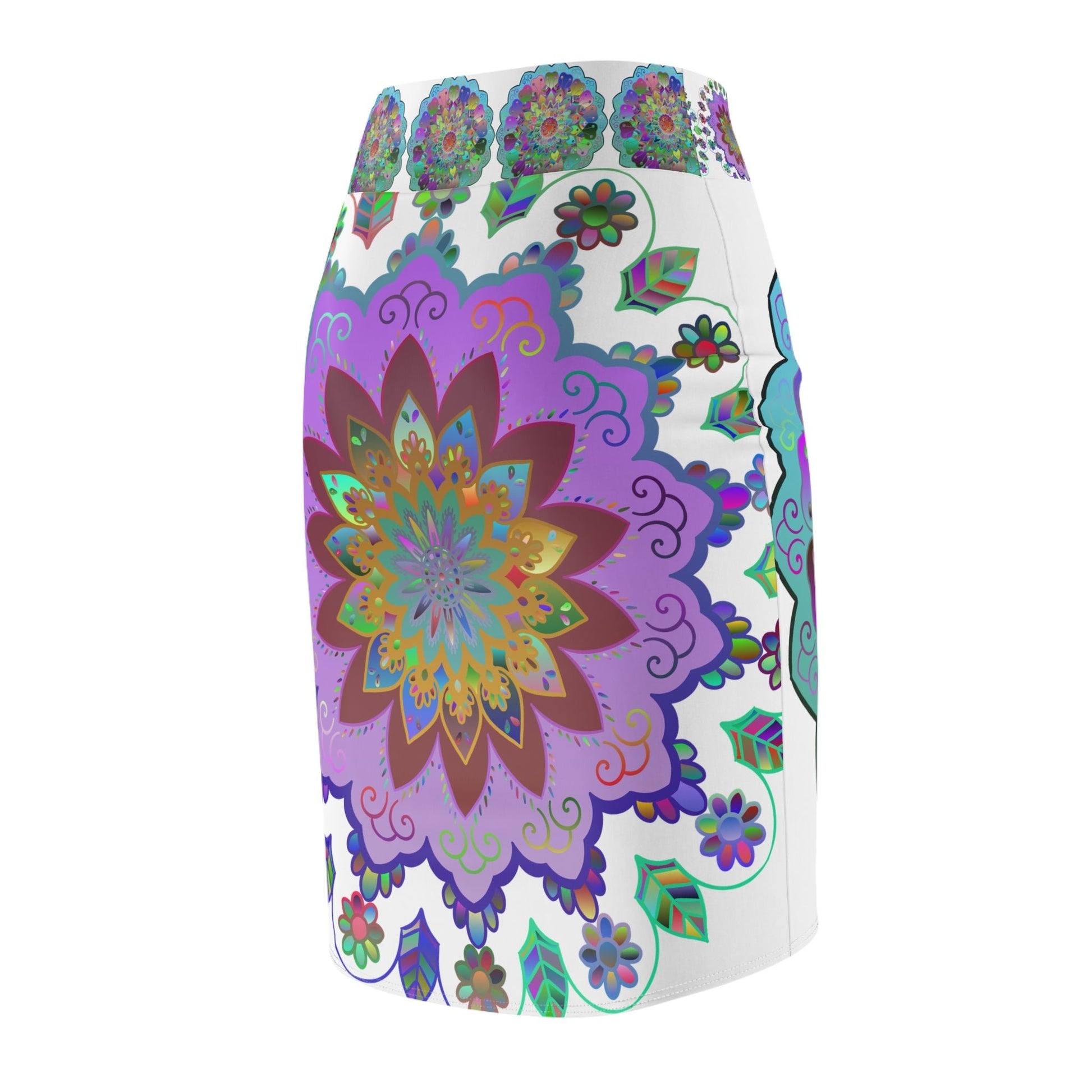 All Over Prints - Women's Pencil Skirt with Hand - Drawn Mandala Design - Light Purple, Azure & Iridescent Shades - Blululi All Over Prints - Blululi