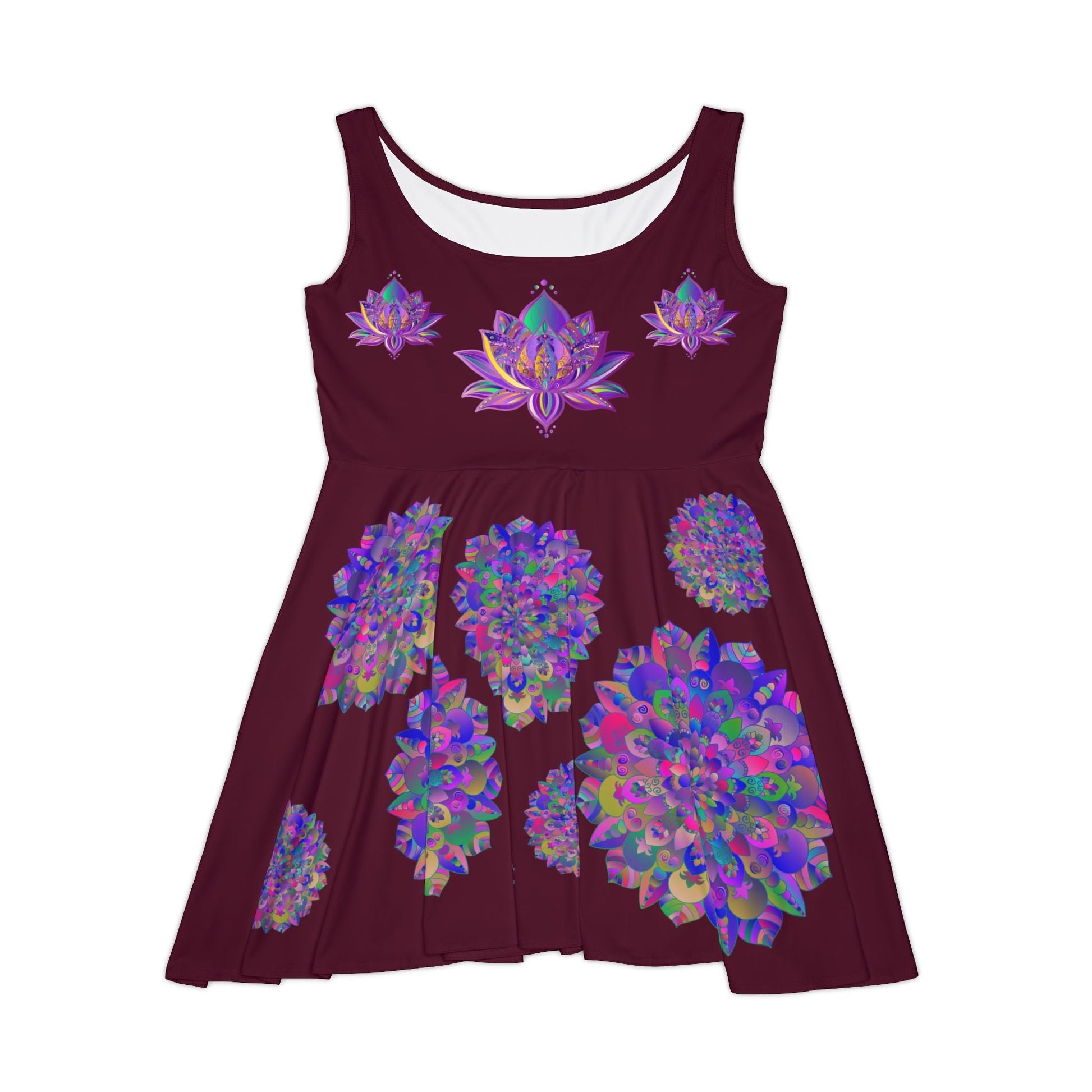 All Over Prints - Women's Skater Dress Hand - Drawn Mandala and Lotus Flower Art in Purple on Dark Red - Blululi All Over Prints - Blululi