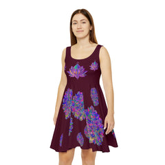 All Over Prints - Women's Skater Dress Hand - Drawn Mandala and Lotus Flower Art in Purple on Dark Red - Blululi All Over Prints - Blululi