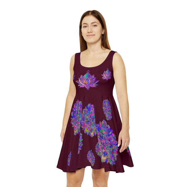 All Over Prints - Women's Skater Dress Hand - Drawn Mandala and Lotus Flower Art in Purple on Dark Red - Blululi All Over Prints - Blululi