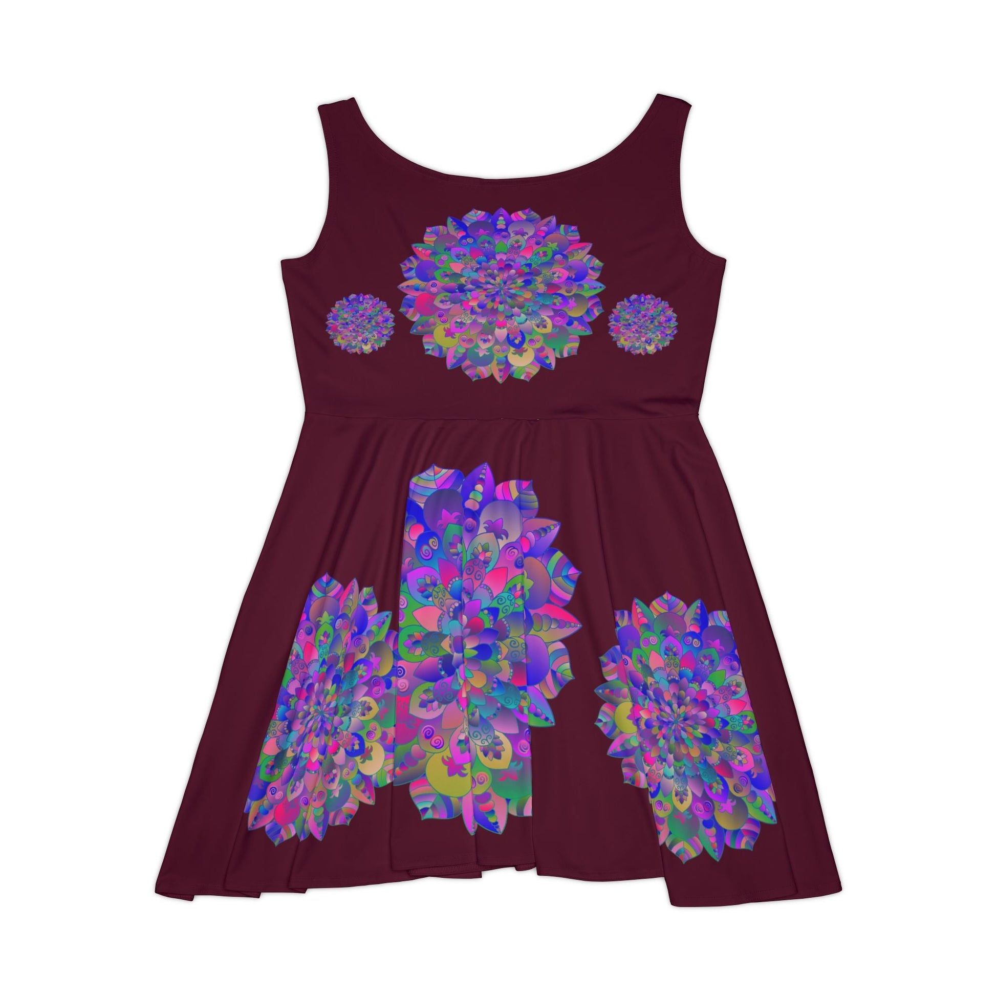 All Over Prints - Women's Skater Dress Hand - Drawn Mandala and Lotus Flower Art in Purple on Dark Red - Blululi All Over Prints - Blululi