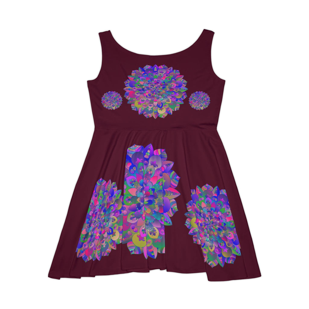 All Over Prints - Women's Skater Dress Hand - Drawn Mandala and Lotus Flower Art in Purple on Dark Red - Blululi All Over Prints - Blululi