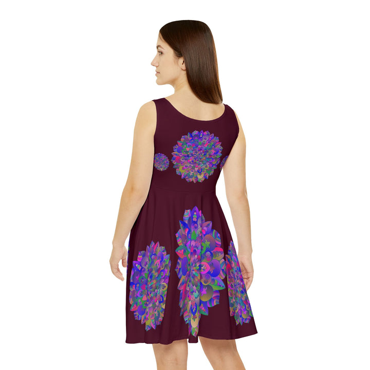 All Over Prints - Women's Skater Dress Hand - Drawn Mandala and Lotus Flower Art in Purple on Dark Red - Blululi All Over Prints - Blululi