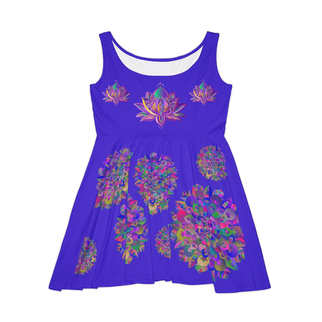 All Over Prints - Women's Skater Dress – Hand - Drawn Mandala and Lotus Flower Art in Purple on Flashy Purple/Blue - Blululi All Over Prints - Blululi