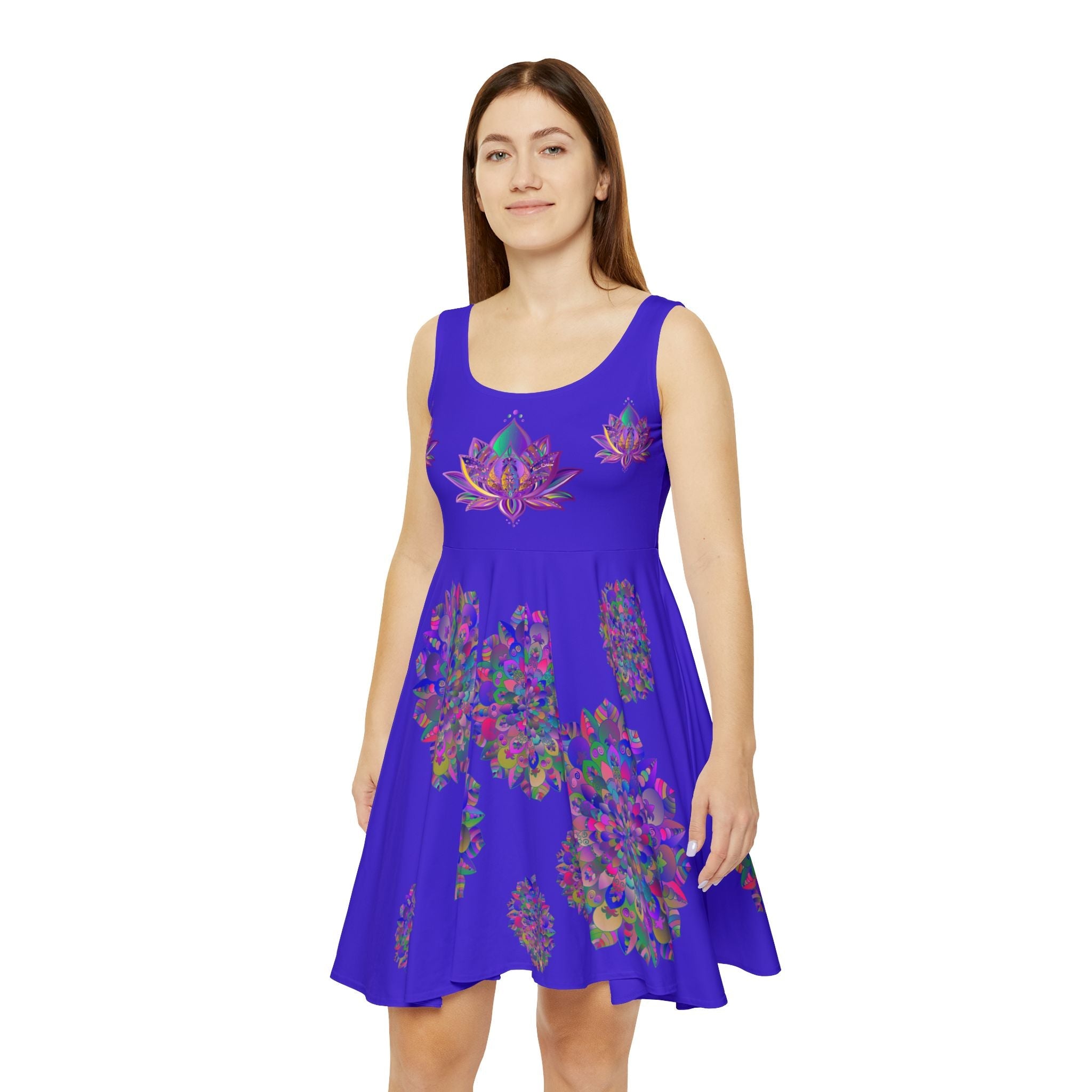 All Over Prints - Women's Skater Dress – Hand - Drawn Mandala and Lotus Flower Art in Purple on Flashy Purple/Blue - Blululi All Over Prints - Blululi