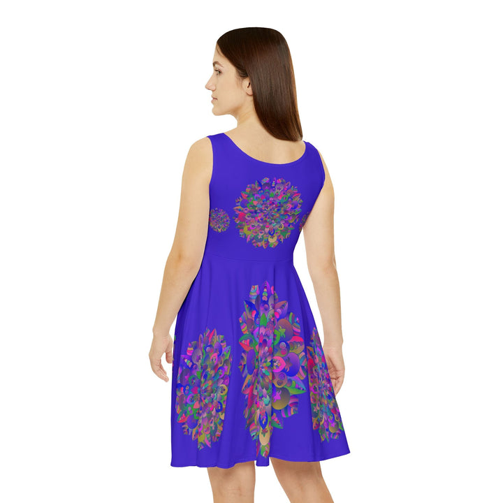 All Over Prints - Women's Skater Dress – Hand - Drawn Mandala and Lotus Flower Art in Purple on Flashy Purple/Blue - Blululi All Over Prints - Blululi