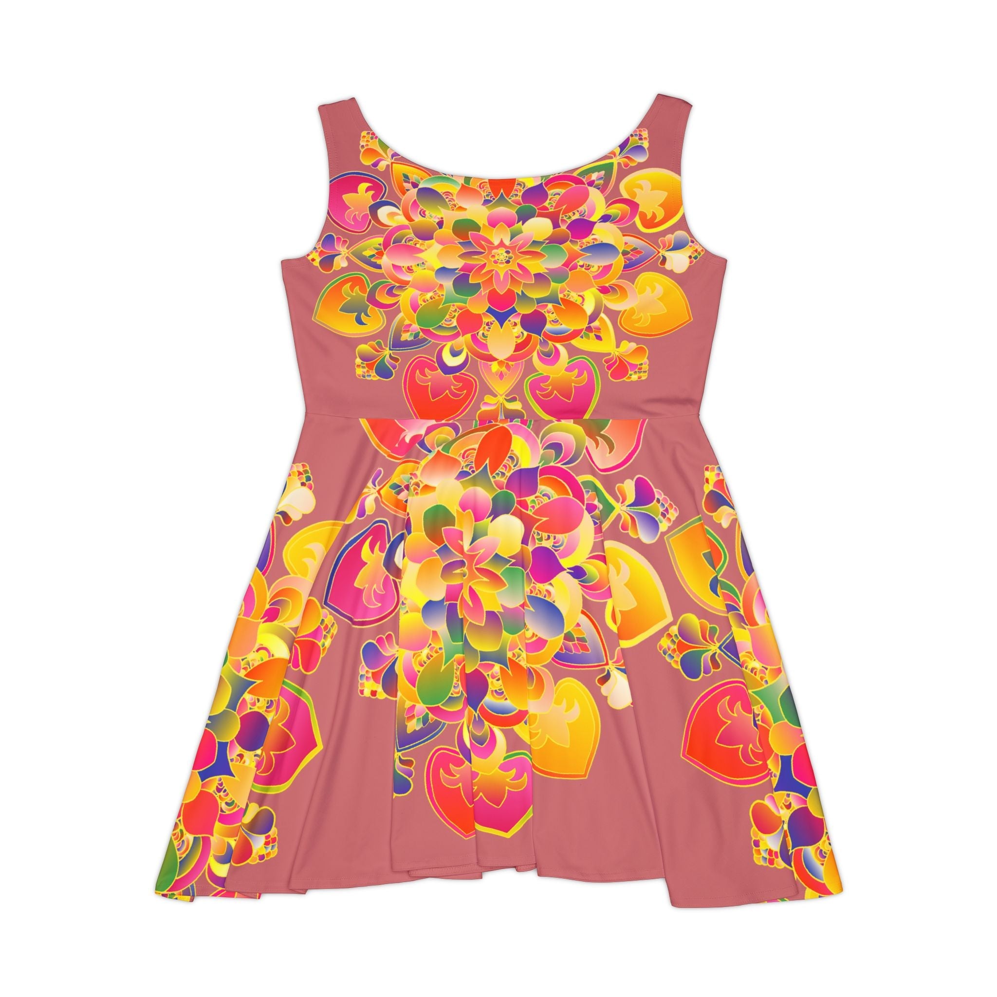 All Over Prints - Women's Skater Dress – Hand - Drawn Mandala in Gold and Red on Salmon Pink - Blululi All Over Prints - Blululi