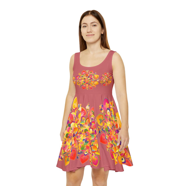 All Over Prints - Women's Skater Dress – Hand - Drawn Mandala in Gold and Red on Salmon Pink - Blululi All Over Prints - Blululi