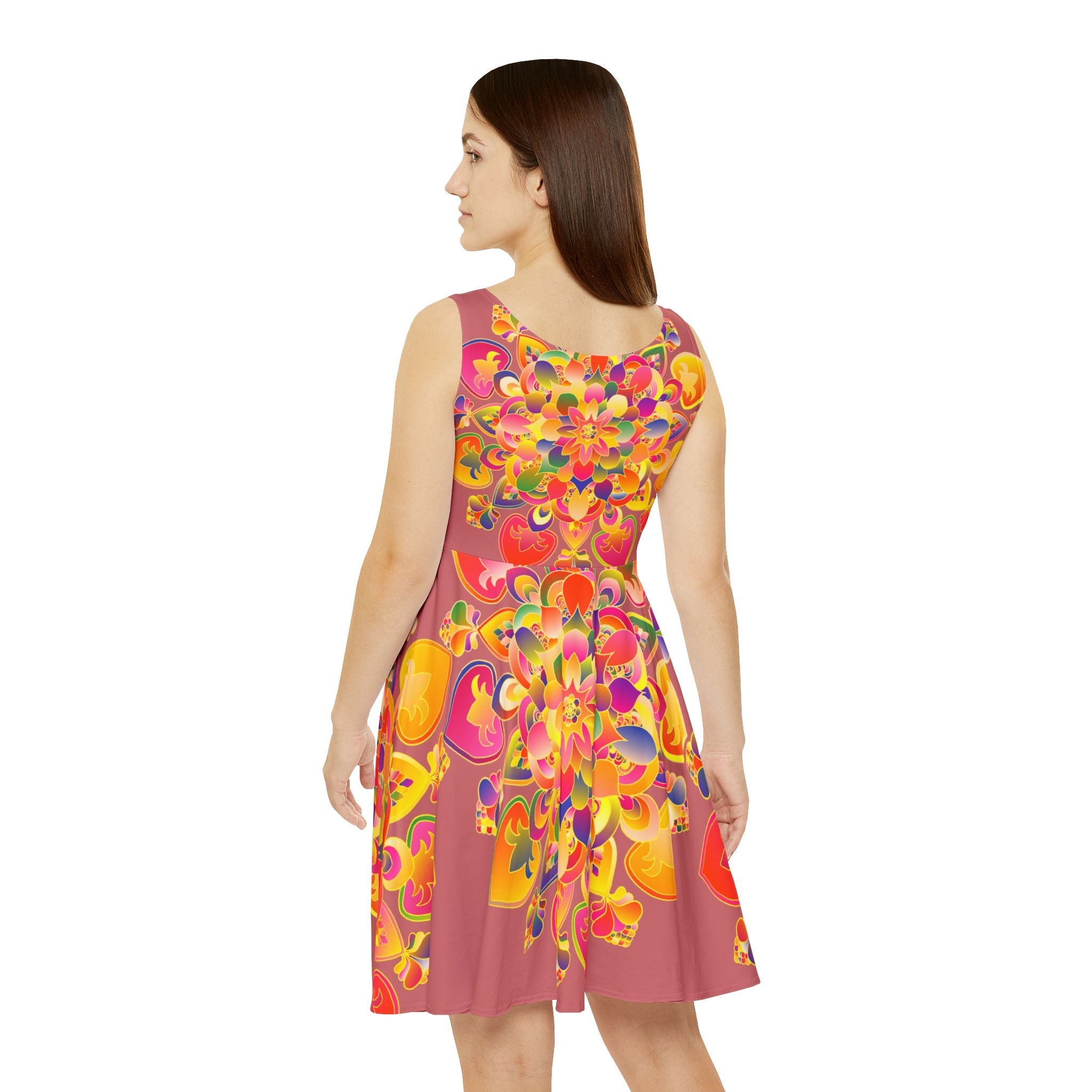 All Over Prints - Women's Skater Dress – Hand - Drawn Mandala in Gold and Red on Salmon Pink - Blululi All Over Prints - Blululi