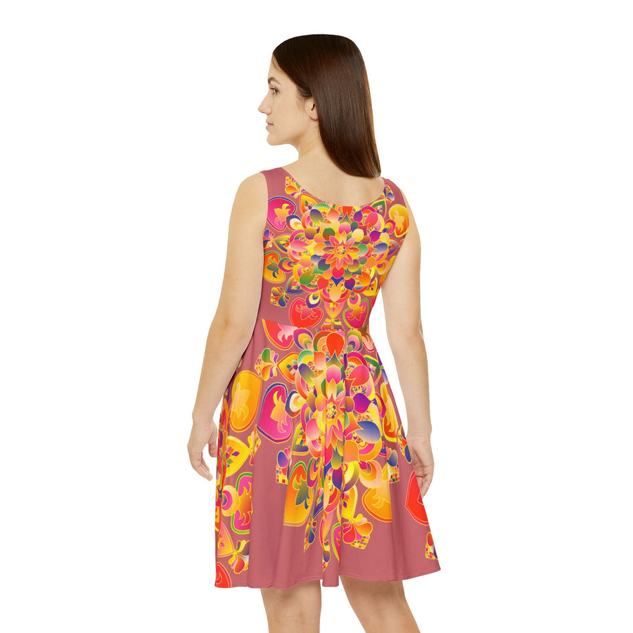 All Over Prints - Women's Skater Dress – Hand - Drawn Mandala in Gold and Red on Salmon Pink - Blululi All Over Prints - Blululi