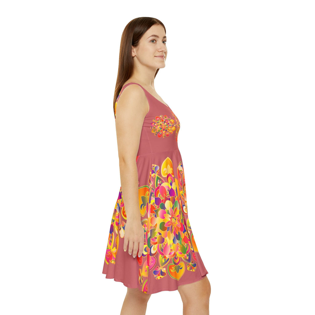 All Over Prints - Women's Skater Dress – Hand - Drawn Mandala in Gold and Red on Salmon Pink - Blululi All Over Prints - Blululi