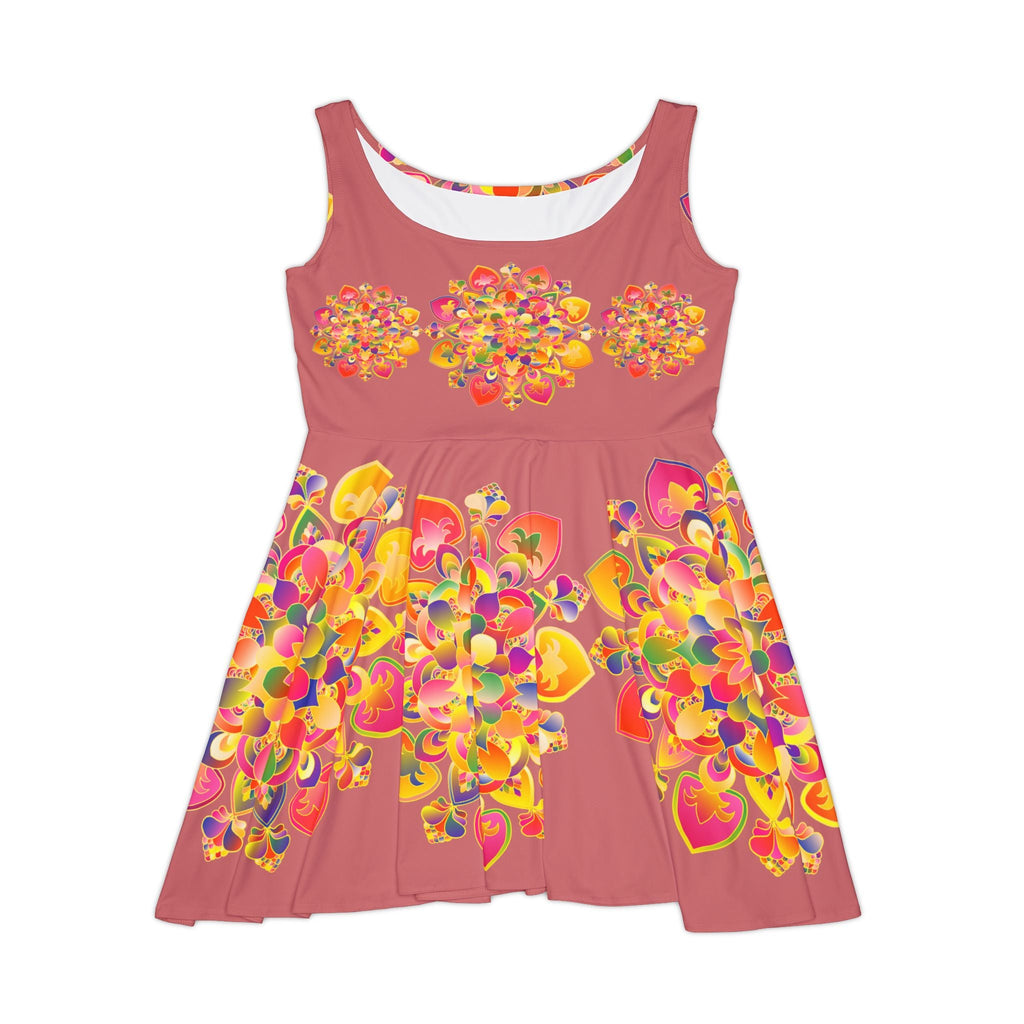 All Over Prints - Women's Skater Dress – Hand - Drawn Mandala in Gold and Red on Salmon Pink - Blululi All Over Prints - Blululi