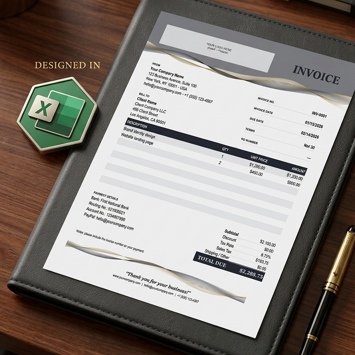 A black faux-leather invoice folder holding a printed invoice template, styled on a wooden desk with a green Excel-style icon, gold paperclip, pen, and notebook.