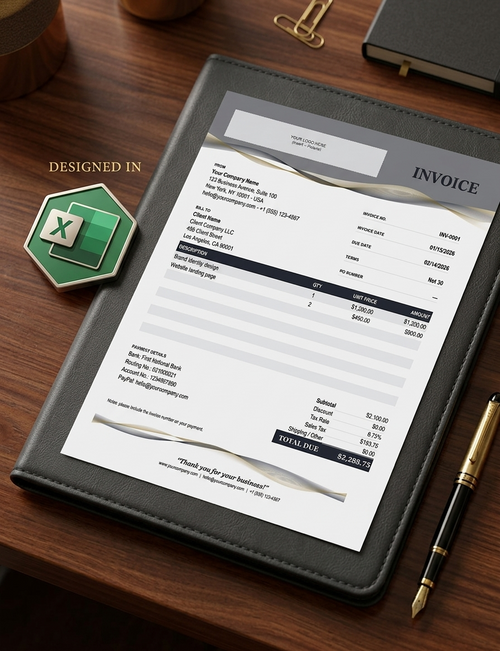 A black faux-leather invoice folder holding a printed invoice template, styled on a wooden desk with a green Excel-style icon, gold paperclip, pen, and notebook.
