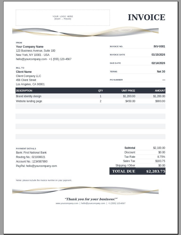 A clean, professional invoice template with a white background, black text, and subtle gray wavy accents. The template includes fields for company details, invoice number, date, and payment information, with a prominent 'INVOICE' header and a 'TOTAL DUE' section at the bottom.