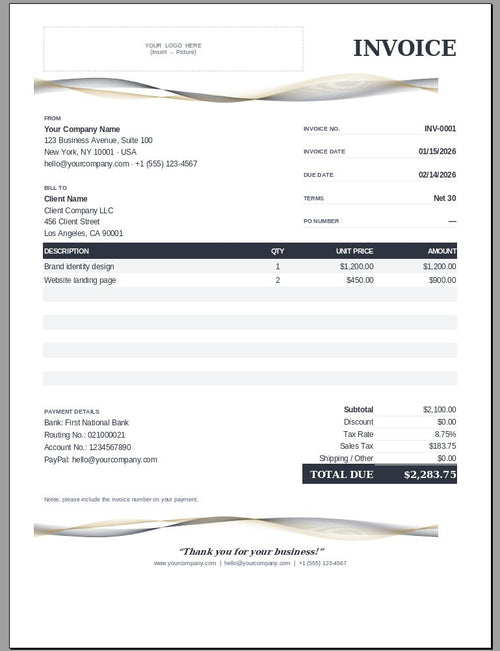 A clean, professional invoice template with a white background, black text, and subtle gray wavy accents. The template includes fields for company details, invoice number, date, and payment information, with a prominent 'INVOICE' header and a 'TOTAL DUE' section at the bottom.