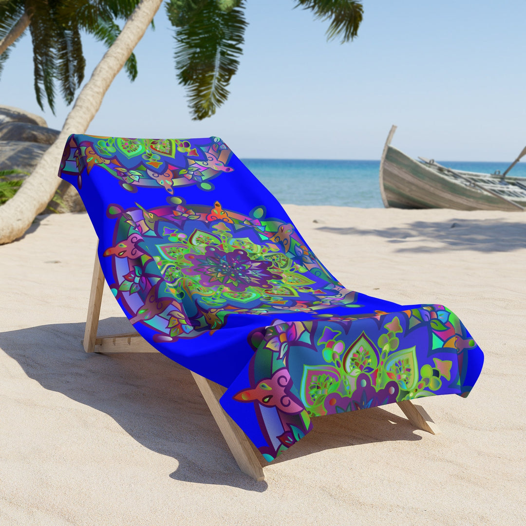 Beach Towel, Beach Cloth, Pool Towel Featuring Hand - Drawn Colorful Mandala Designs - Bright Blue - Blululi