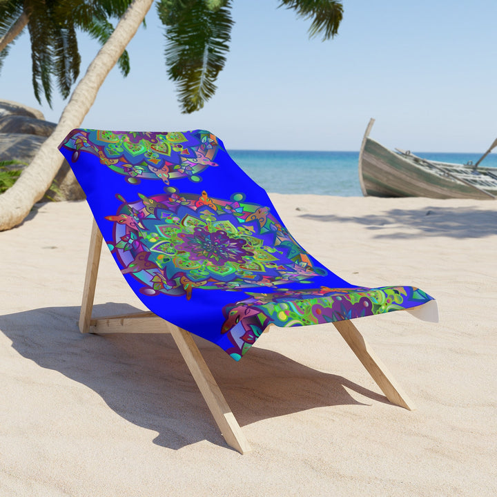 Beach Towel, Beach Cloth, Pool Towel Featuring Hand - Drawn Colorful Mandala Designs - Bright Blue - Blululi