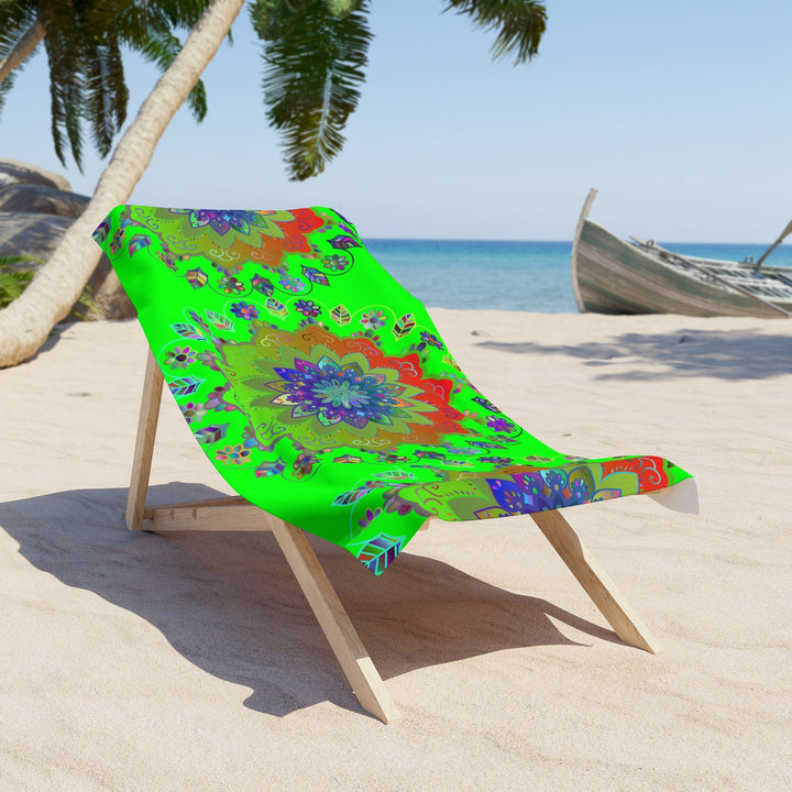 Beach Towel, Beach Cloth, Pool Towel Featuring Hand - Drawn Colorful Mandala Designs - Bright Green - Blululi