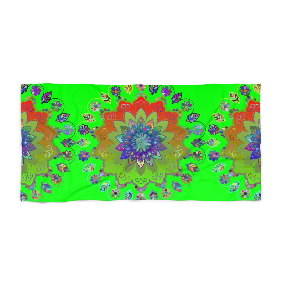 Beach Towel, Beach Cloth, Pool Towel Featuring Hand - Drawn Colorful Mandala Designs - Bright Green - Blululi