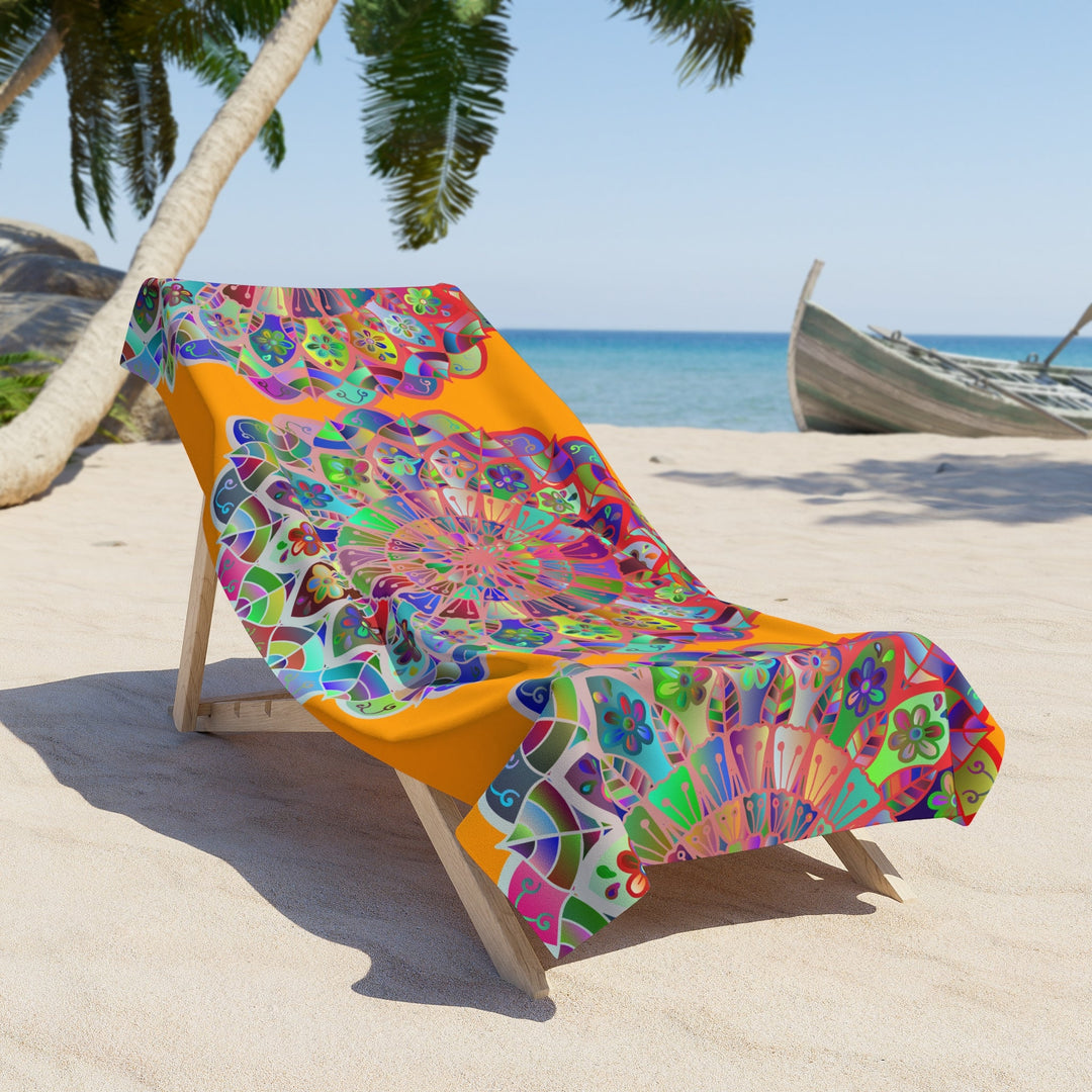 Beach Towel, Beach Cloth, Pool Towel Featuring Hand - Drawn Colorful Mandala Designs - Bright Orange - Blululi