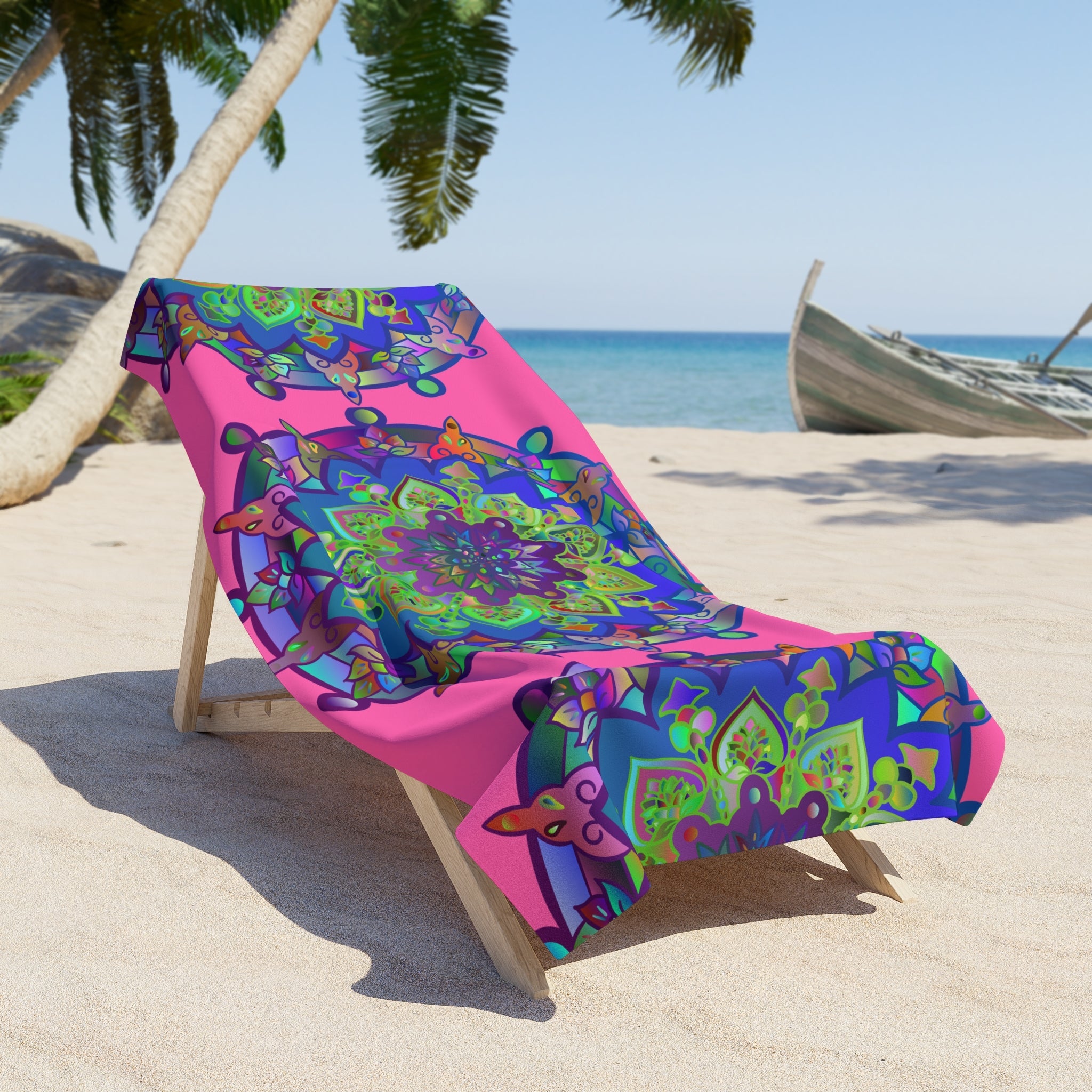 Beach Towel, Beach Cloth, Pool Towel Featuring Hand - Drawn Colorful Mandala Designs - Bright Pink - Blululi