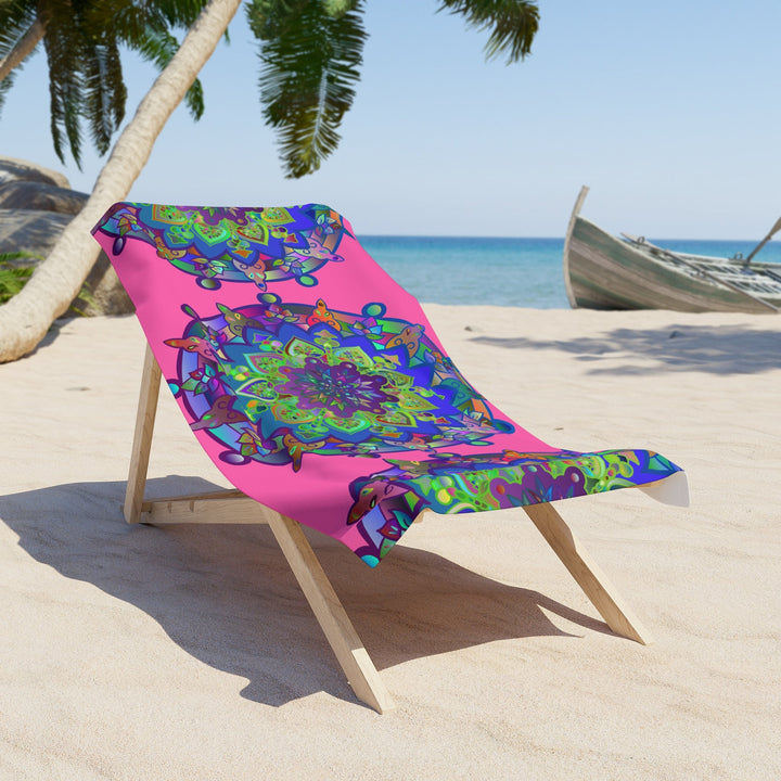 Beach Towel, Beach Cloth, Pool Towel Featuring Hand - Drawn Colorful Mandala Designs - Bright Pink - Blululi