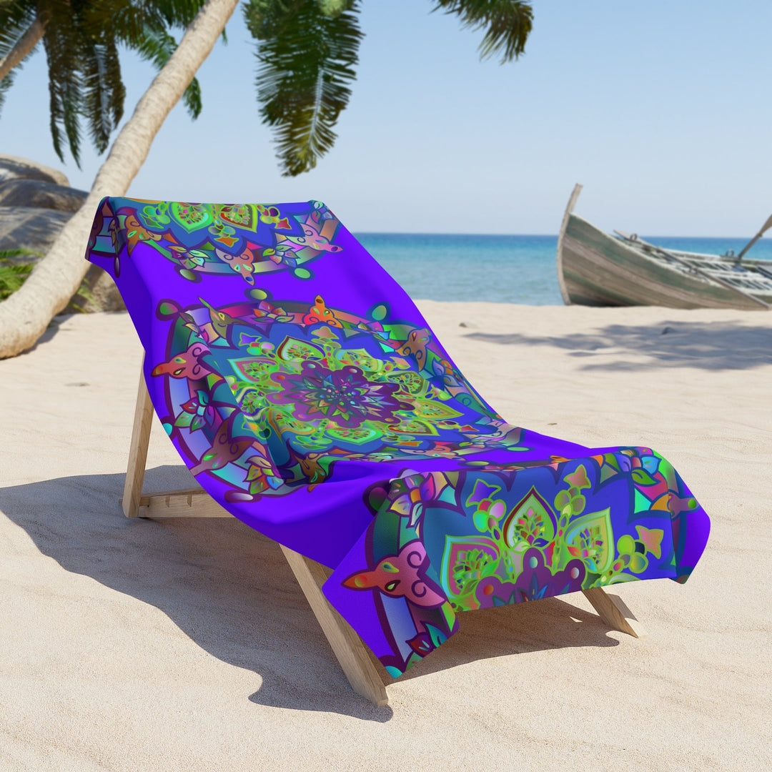 Beach Towel, Beach Cloth, Pool Towel Featuring Hand - Drawn Colorful Mandala Designs - Bright Purple - Blululi