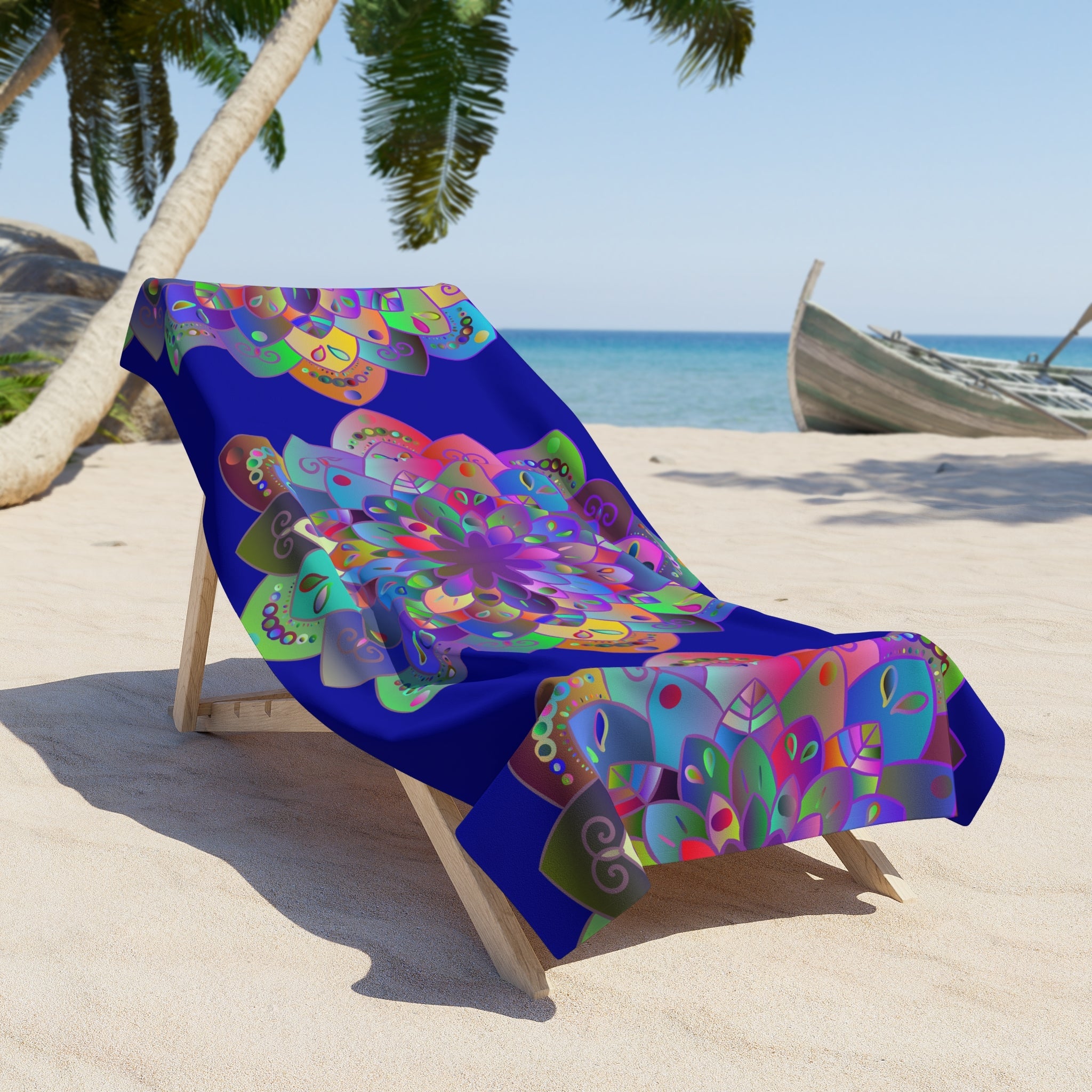 Beach Towel, Beach Cloth, Pool Towel Featuring Hand - Drawn Colorful Mandala Designs - Dark Blue - Blululi