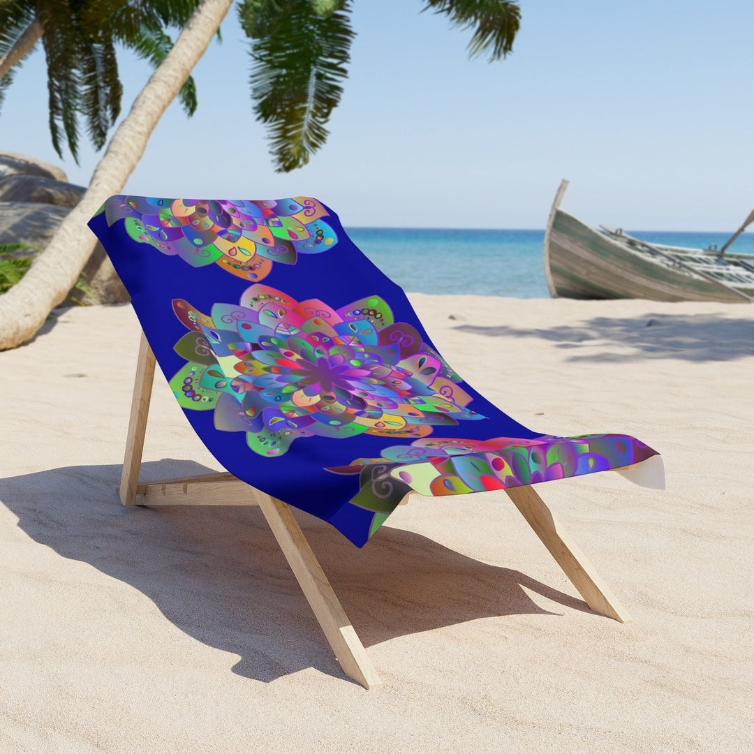 Beach Towel, Beach Cloth, Pool Towel Featuring Hand - Drawn Colorful Mandala Designs - Dark Blue - Blululi