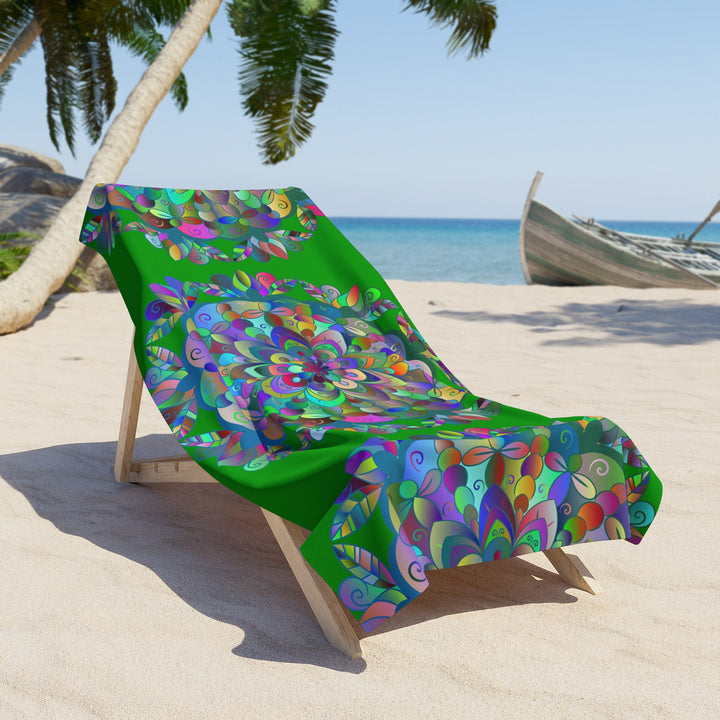 Beach Towel, Beach Cloth, Pool Towel Featuring Hand - Drawn Colorful Mandala Designs - Dark Green - Blululi