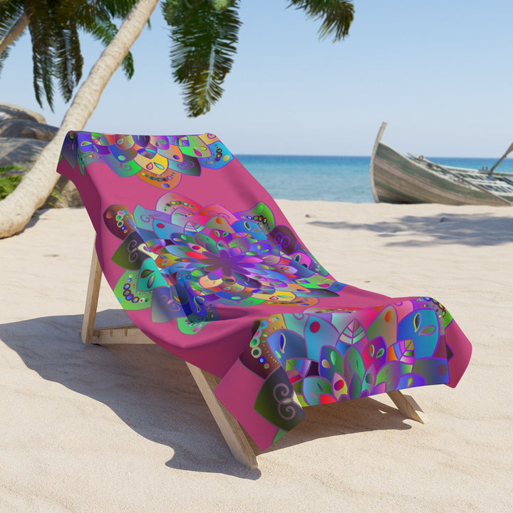 Beach Towel, Beach Cloth, Pool Towel Featuring Hand - Drawn Colorful Mandala Designs - Dark Pink - Blululi