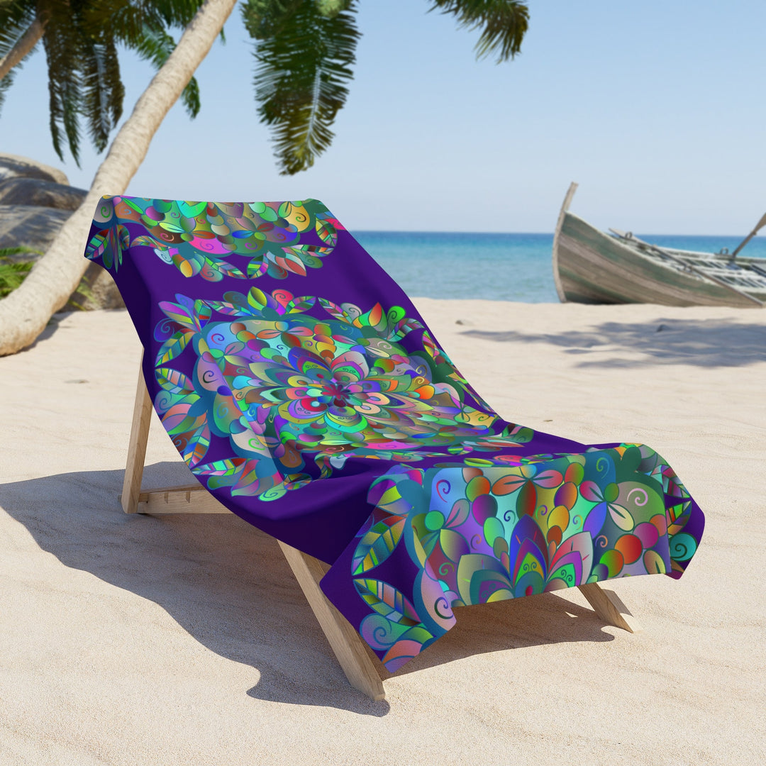 Beach Towel, Beach Cloth, Pool Towel Featuring Hand - Drawn Colorful Mandala Designs - Dark Purple - Blululi