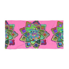 Beach Towel, Beach Cloth, Pool Towel Featuring Hand - Drawn Colorful Mandala Designs - Light Pink - Blululi