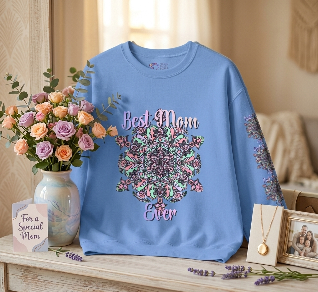 Blue sweatshirt with floral design and text on a wooden surface with decorative items.
