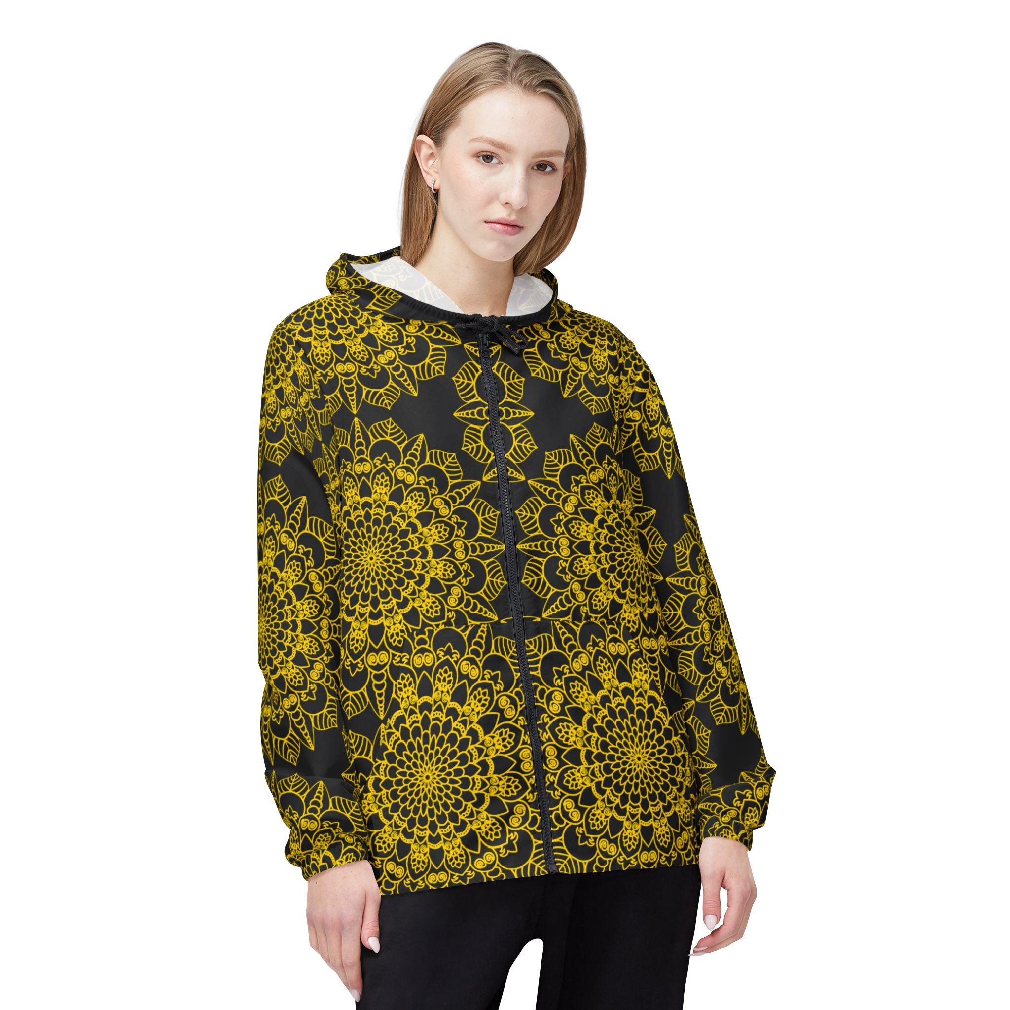 Black and Gold Best Windbreaker Jacket with Blululi Mandala Art Designs Outerwear - Blululi