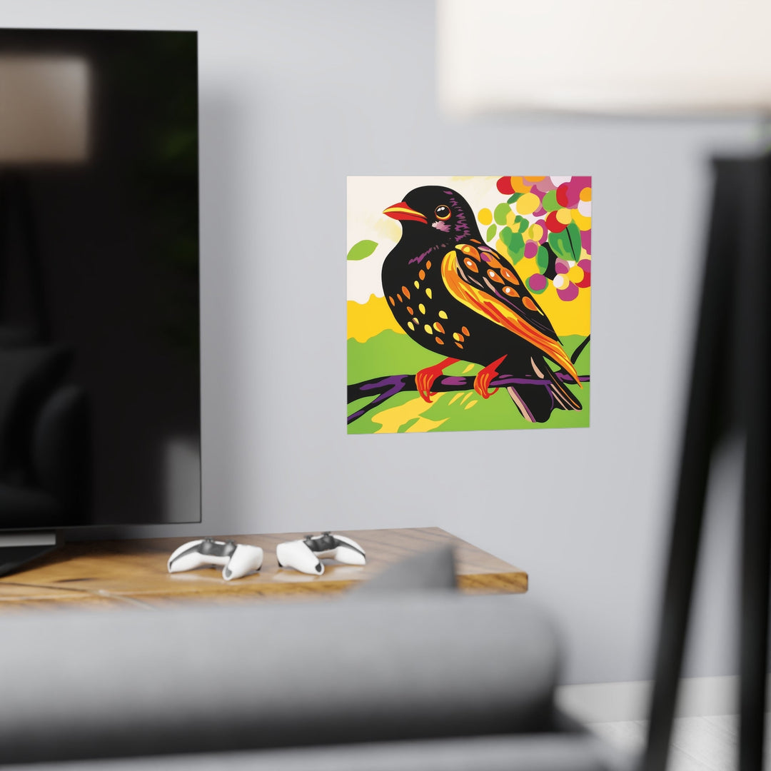 Black Bird on Purple Branch - Colorful Animal Art Print Poster - Blululi