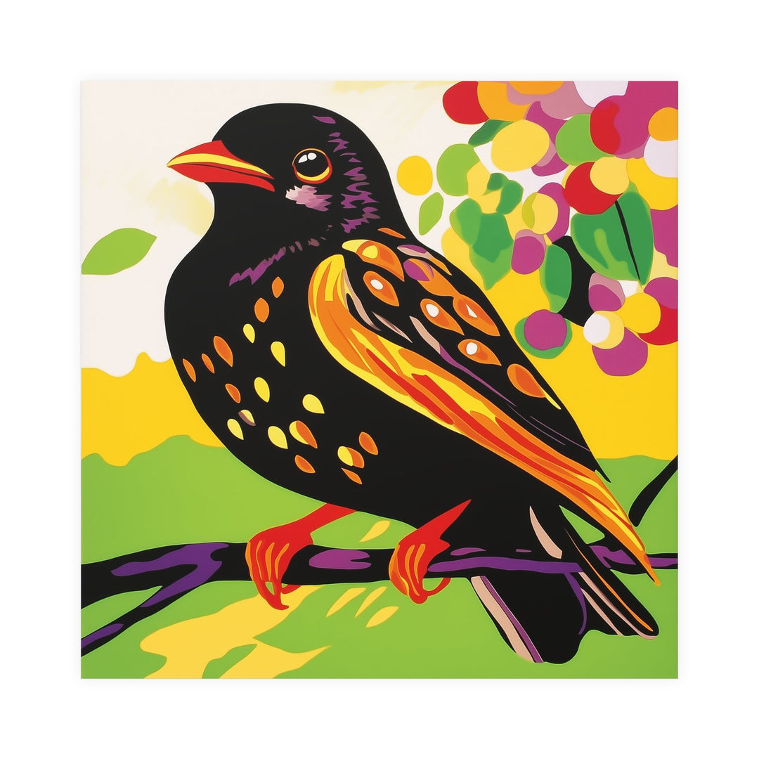 Black Bird on Purple Branch - Colorful Animal Art Print Poster - Blululi