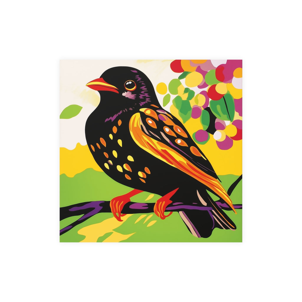 Black Bird on Purple Branch - Colorful Animal Art Print Poster - Blululi