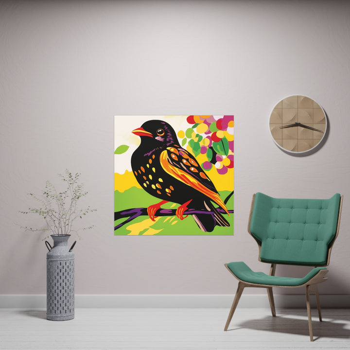 Black Bird on Purple Branch - Colorful Animal Art Print Poster - Blululi