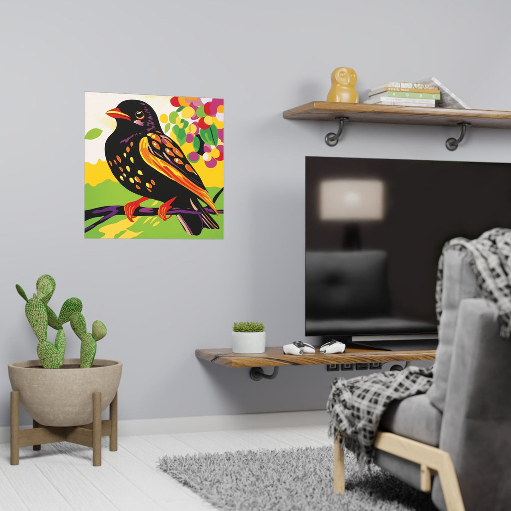 Black Bird on Purple Branch - Colorful Animal Art Print Poster - Blululi