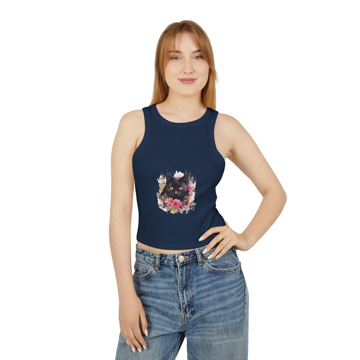 Black Cat Floral Racerback Tank Top Tank Top - Blululi