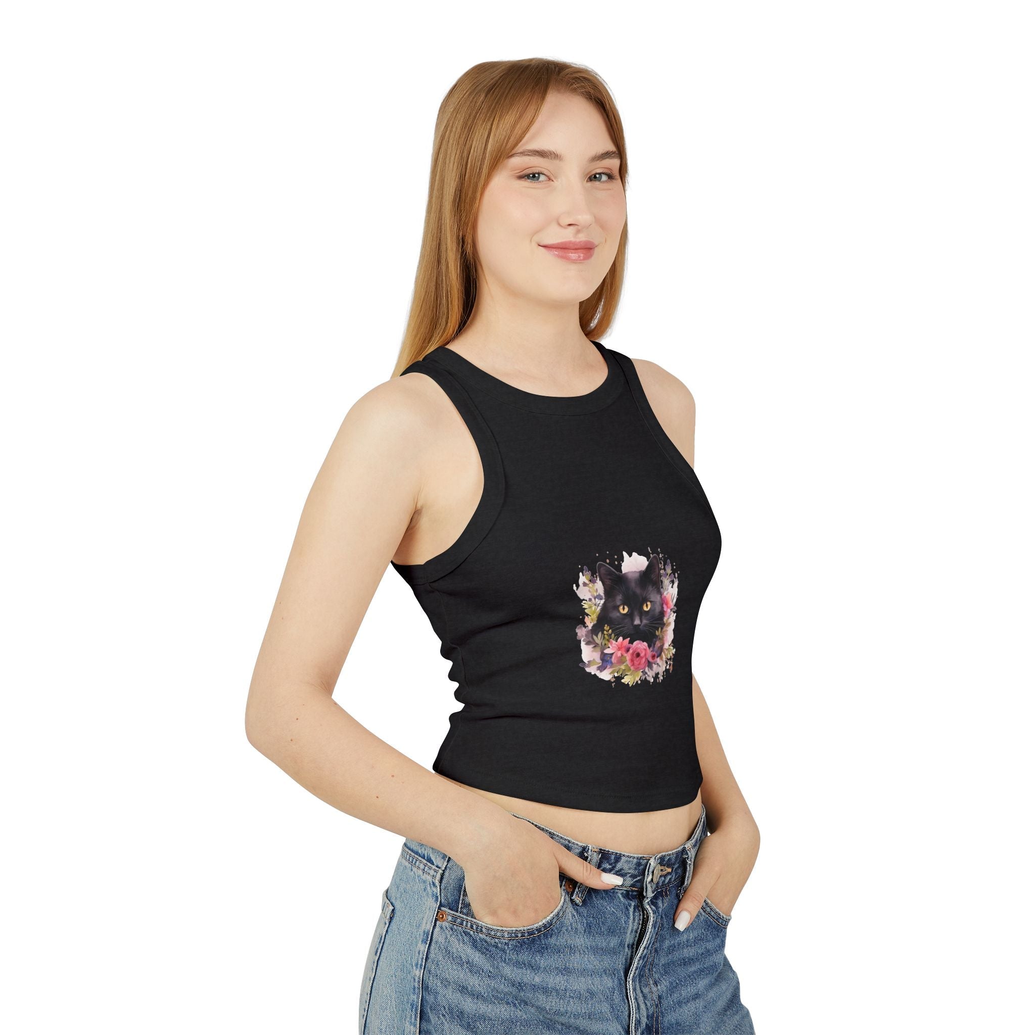 Black Cat Floral Racerback Tank Top Tank Top - Blululi