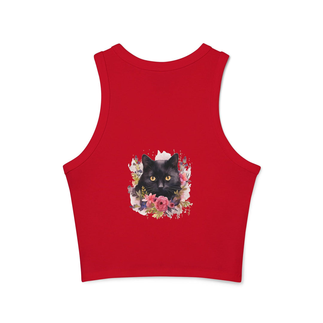 Black Cat Floral Racerback Tank Top Tank Top - Blululi