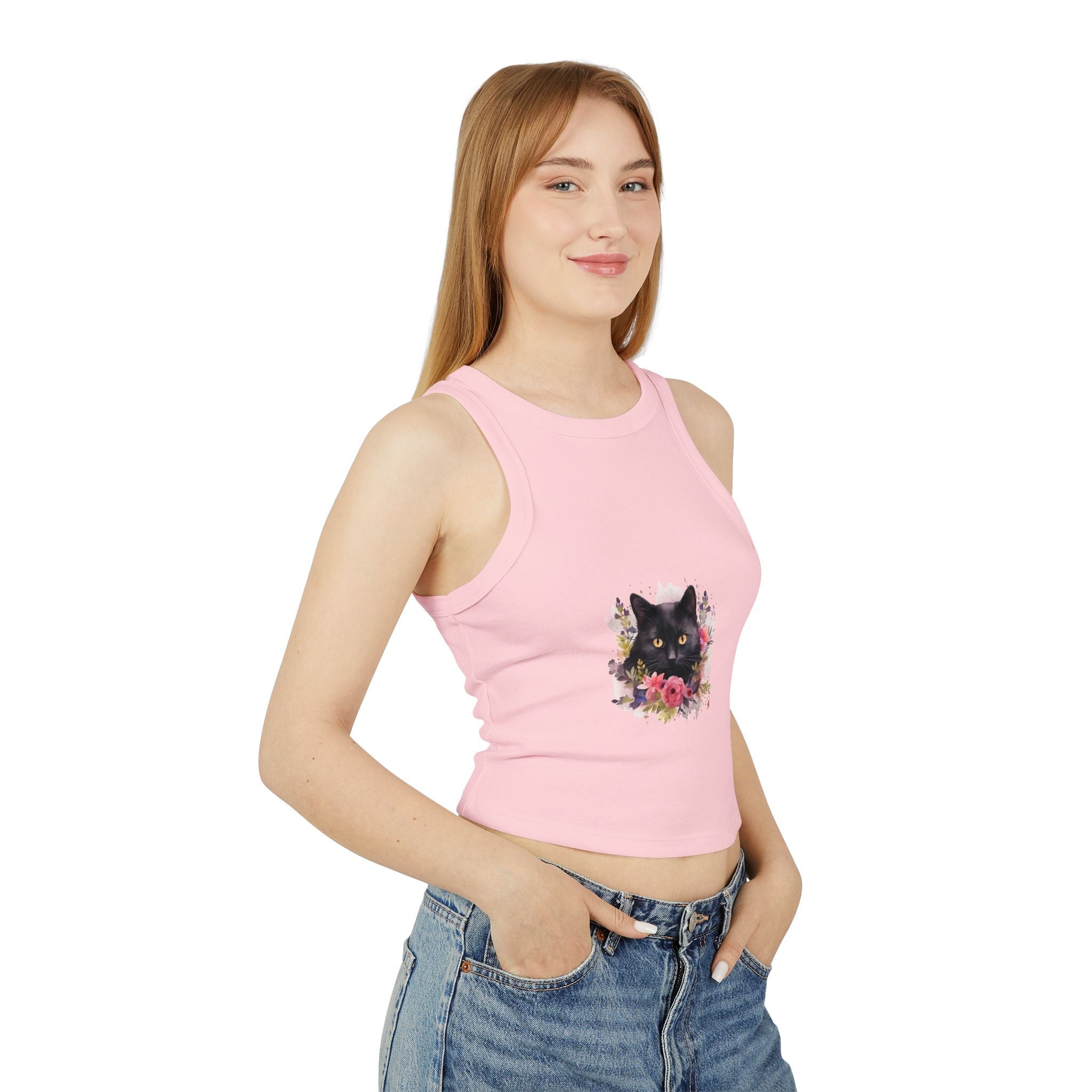 Black Cat Floral Racerback Tank Top Tank Top - Blululi