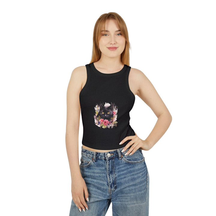 Black Cat Floral Racerback Tank Top Tank Top - Blululi