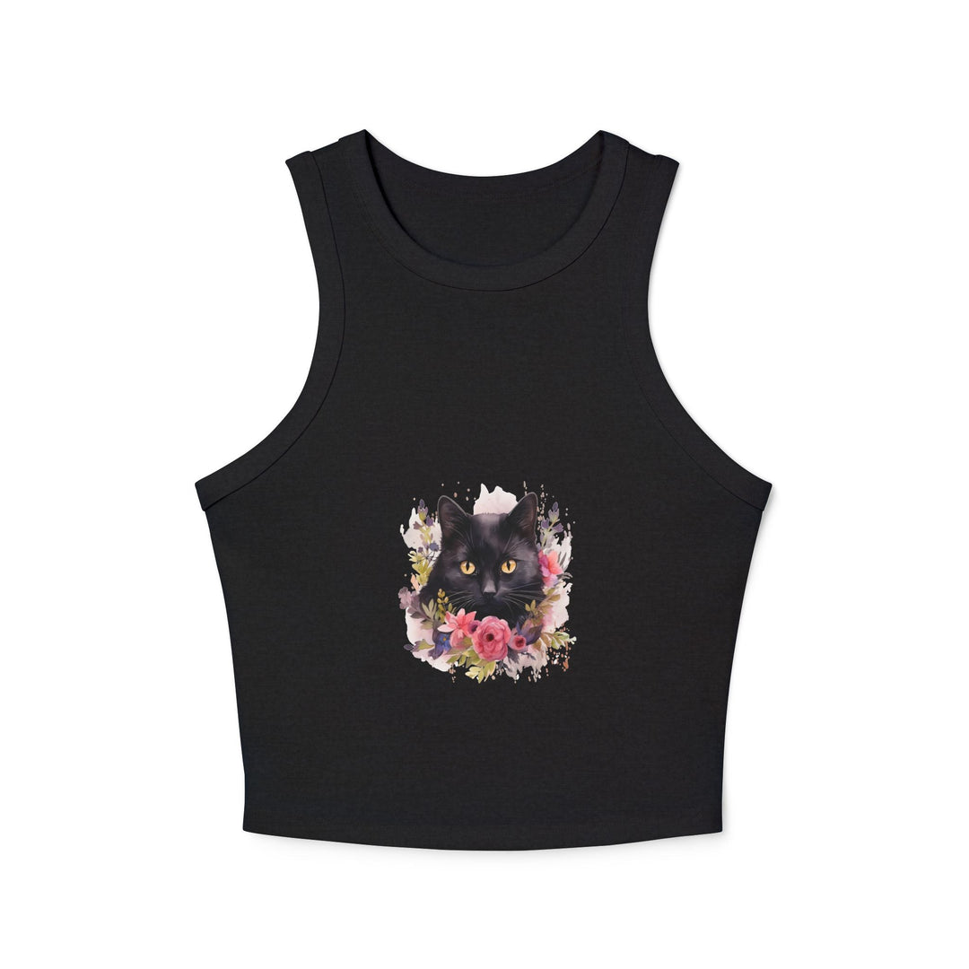 Black Cat Floral Racerback Tank Top Tank Top - Blululi