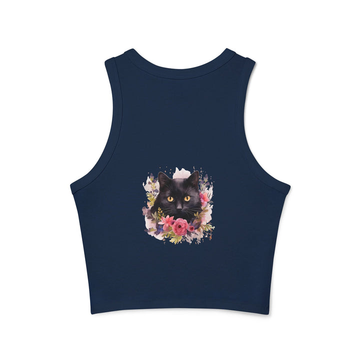 Black Cat Floral Racerback Tank Top Tank Top - Blululi